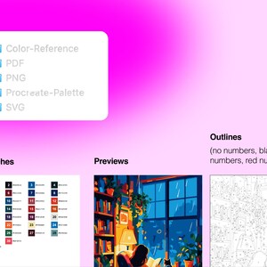 May include: A digital file set on a bright pink gradient background featuring a folder list with Color-Reference, PDF, PNG, Procreate-Palette, and SVG. Includes a color swatch chart, a preview of a rainy window scene, and numbered outlines.