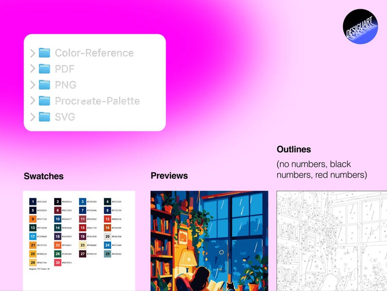 May include: A digital file set on a bright pink gradient background featuring a folder list with Color-Reference, PDF, PNG, Procreate-Palette, and SVG. Includes a color swatch chart, a preview of a rainy window scene, and numbered outlines.