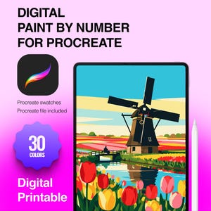 May include: A digital paint by number set for Procreate featuring a tablet displaying a colorful landscape with a windmill, a canal, and tulips. The graphic includes the text Digital Paint by Number for Procreate, 30 Colors, and Digital Printable.