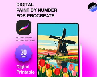 May include: A digital paint by number set for Procreate featuring a tablet displaying a colorful landscape with a windmill, a canal, and tulips. The graphic includes the text Digital Paint by Number for Procreate, 30 Colors, and Digital Printable.