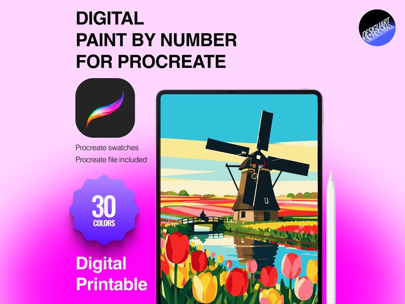 May include: A digital paint by number set for Procreate featuring a tablet displaying a colorful landscape with a windmill, a canal, and tulips. The graphic includes the text Digital Paint by Number for Procreate, 30 Colors, and Digital Printable.