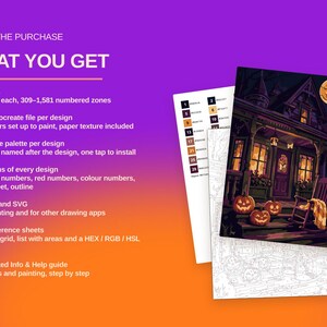 May include: A digital art kit featuring 12 Halloween-themed designs with numbered zones for painting. Includes Procreate files, color palettes, PDF, PNG, and SVG formats, plus reference sheets and an illustrated guide on a purple and orange background.