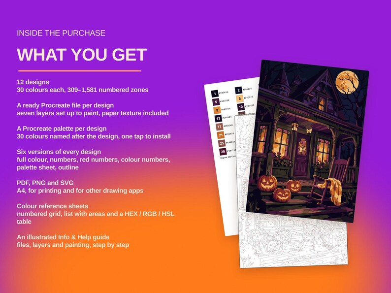 May include: A digital art kit featuring 12 Halloween-themed designs with numbered zones for painting. Includes Procreate files, color palettes, PDF, PNG, and SVG formats, plus reference sheets and an illustrated guide on a purple and orange background.