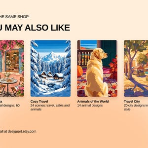 May include: Four rectangular art prints labeled FROM THE SAME SHOP YOU MAY ALSO LIKE. The prints feature a cafe scene, a snowy mountain landscape, a golden dog sitting on a porch, and a city street market. Text includes Cafe Riviera, Cozy Travel, Animals of the World, and Travel City with design counts.