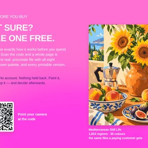 Puede incluir: Un gr&aacute;fico digital sobre un fondo rosa brillante con un c&oacute;digo QR y el texto TRY BEFORE YOU BUY NOT SURE? TAKE ONE FREE. Junto a &eacute;l hay una ilustraci&oacute;n de bodeg&oacute;n con girasoles en un jarr&oacute;n, una cafetera italiana, melocotones e higos.