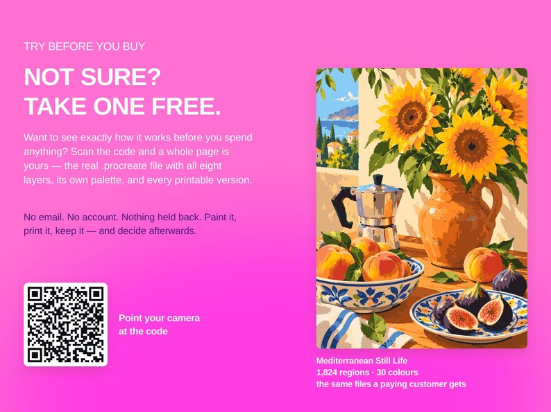 Puede incluir: Un gr&aacute;fico digital sobre un fondo rosa brillante con un c&oacute;digo QR y el texto TRY BEFORE YOU BUY NOT SURE? TAKE ONE FREE. Junto a &eacute;l hay una ilustraci&oacute;n de bodeg&oacute;n con girasoles en un jarr&oacute;n, una cafetera italiana, melocotones e higos.
