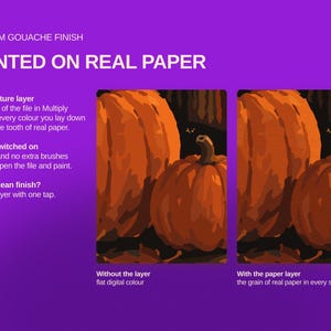 May include: A digital art tool display on a purple background featuring the text PREMIUM GOUACHE FINISH PAINTED ON REAL PAPER. Two side-by-side pumpkin illustrations demonstrate the difference between flat digital color and a paper texture layer.