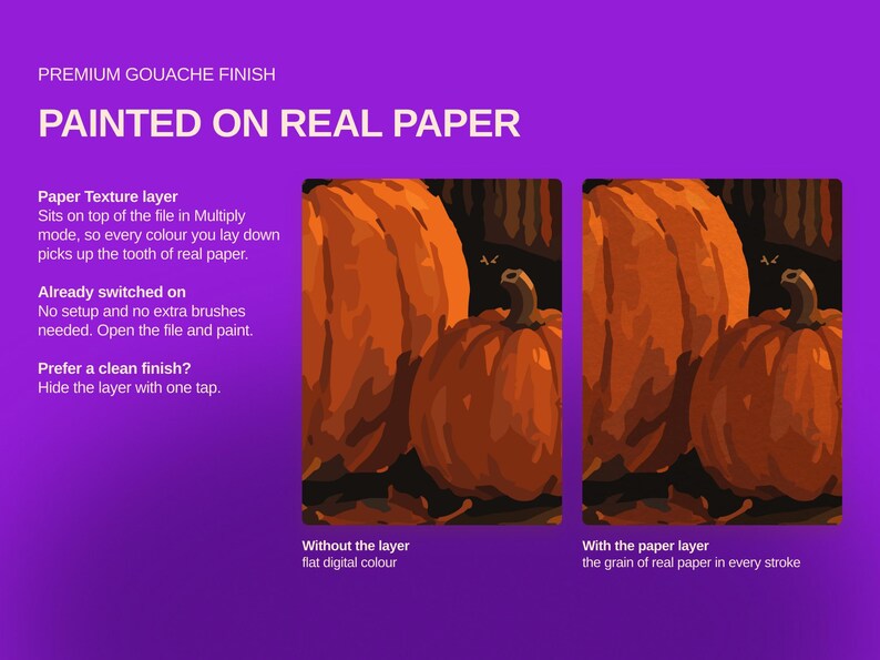 May include: A digital art tool display on a purple background featuring the text PREMIUM GOUACHE FINISH PAINTED ON REAL PAPER. Two side-by-side pumpkin illustrations demonstrate the difference between flat digital color and a paper texture layer.
