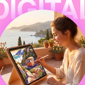 Może przedstawiać: Tablet umieszczony na drewnianym stojaku, wyświetlający cyfrową ilustrację kolejki linowo-terenowej na nadmorskim zboczu. Ekran przedstawia kolorowy krajobraz z niebieskim morzem, zielonymi drzewami i jasnopomarańczowym wagonikiem tramwajowym.