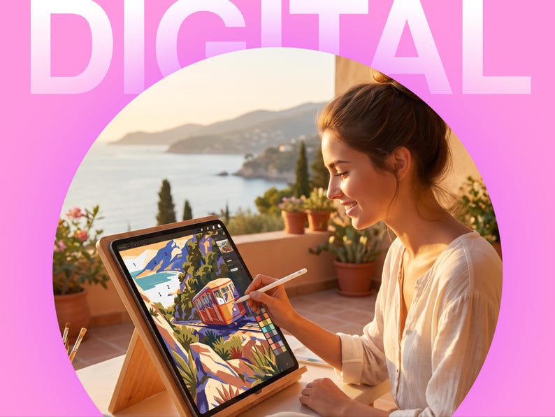 Może przedstawiać: Tablet umieszczony na drewnianym stojaku, wyświetlający cyfrową ilustrację kolejki linowo-terenowej na nadmorskim zboczu. Ekran przedstawia kolorowy krajobraz z niebieskim morzem, zielonymi drzewami i jasnopomarańczowym wagonikiem tramwajowym.