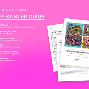 Puede incluir: Una gu&iacute;a paso a paso en PDF de 18 p&aacute;ginas con instrucciones de texto e ilustraciones de monstruos. El documento incluye secciones sobre acceso a archivos, configuraci&oacute;n de iPad, explicaci&oacute;n de capas, inicio, impresi&oacute;n y soluci&oacute;n de problemas.