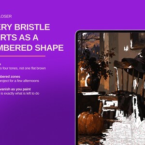 May include: A paint-by-numbers kit featuring a witch-themed scene with a pumpkin, a wooden chair, and a witch hat. The purple background displays the text: LOOK CLOSER, EVERY BRISTLE STARTS AS A NUMBERED SHAPE, 60 colours, 2,174 numbered zones.