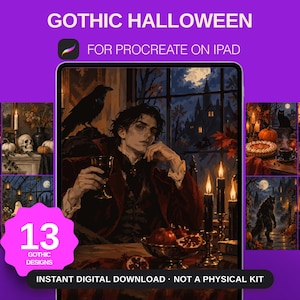 May include: A digital product display for Gothic Halloween Procreate brushes on an iPad. The screen shows a dark, atmospheric illustration of a person in a red coat holding a glass, with a raven, candles, and a bowl of fruit. Text reads 13 GOTHIC DESIGNS.