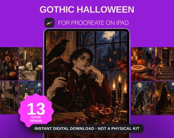 May include: A digital product display for Gothic Halloween Procreate brushes on an iPad. The screen shows a dark, atmospheric illustration of a person in a red coat holding a glass, with a raven, candles, and a bowl of fruit. Text reads 13 GOTHIC DESIGNS.