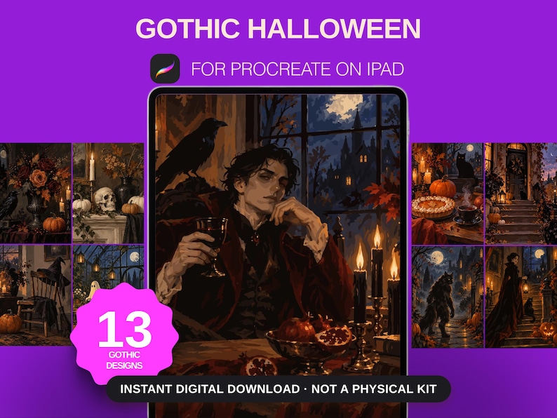 Pu&ograve; includere: Un display di prodotto digitale per pennelli Procreate Gothic Halloween su un iPad. Lo schermo mostra un'illustrazione scura e suggestiva di una persona in cappotto rosso che tiene un bicchiere, con un corvo, candele e frutta. Il testo recita 13 GOTHIC DESIGNS.