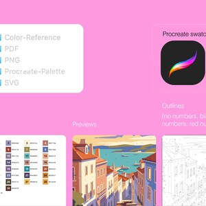 Może przedstawiać: Zestaw plik&oacute;w cyfrowych na r&oacute;żowym tle z listą folder&oacute;w Color-Reference, PDF, PNG, Procreate-Palette i SVG. Zawiera ikonę Procreate swatches, numerowaną paletę kolor&oacute;w oraz ilustrację przedstawiającą nadmorskie miasteczko.