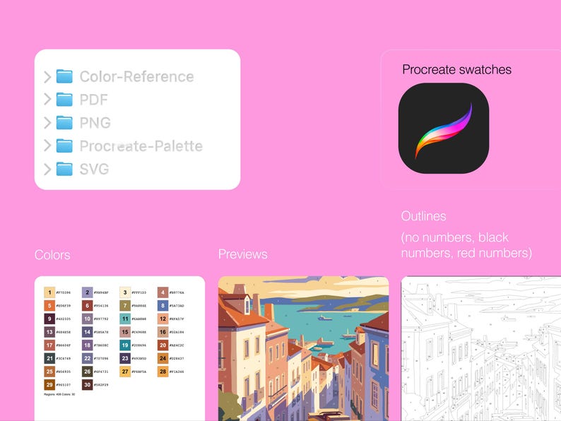 Może przedstawiać: Zestaw plik&oacute;w cyfrowych na r&oacute;żowym tle z listą folder&oacute;w Color-Reference, PDF, PNG, Procreate-Palette i SVG. Zawiera ikonę Procreate swatches, numerowaną paletę kolor&oacute;w oraz ilustrację przedstawiającą nadmorskie miasteczko.
