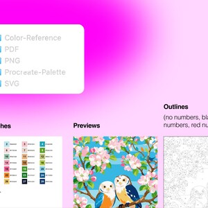 May include: A digital file set featuring a color reference, PDF, PNG, Procreate palette, and SVG. Includes a numbered color swatch list, a preview of two owls in a flowering tree, and black and white outlines with options for no, black, or red numbers.
