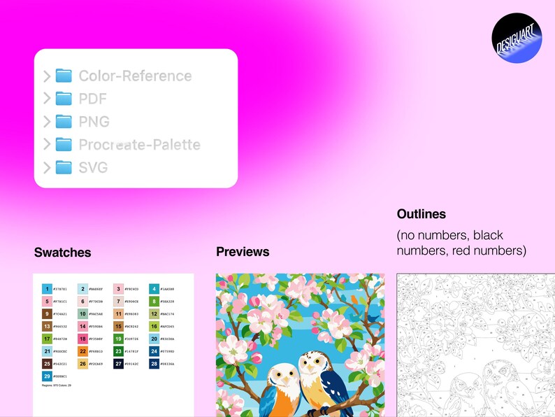 May include: A digital file set featuring a color reference, PDF, PNG, Procreate palette, and SVG. Includes a numbered color swatch list, a preview of two owls in a flowering tree, and black and white outlines with options for no, black, or red numbers.