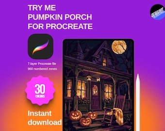 May include: A digital illustration of a house porch at night with pumpkins, a rocking chair, and a full moon, displayed on a tablet screen. Text reads: TRY ME PUMPKIN PORCH FOR PROCREATE, 7-layer Procreate file, 960 numbered zones, 30 COLORS, Instant download.