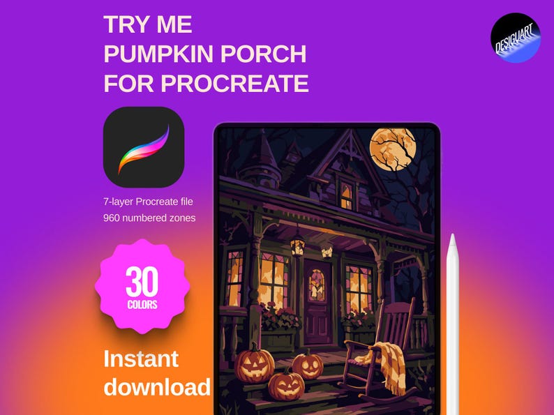 May include: A digital illustration of a house porch at night with pumpkins, a rocking chair, and a full moon, displayed on a tablet screen. Text reads: TRY ME PUMPKIN PORCH FOR PROCREATE, 7-layer Procreate file, 960 numbered zones, 30 COLORS, Instant download.