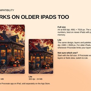 May include: An informational graphic titled IPAD COMPATIBILITY WORKS ON OLDER IPADS TOO. It displays two versions of an autumn cottage illustration, labeled Full size and Lite, with technical specifications including 600 dpi and 300 dpi details.