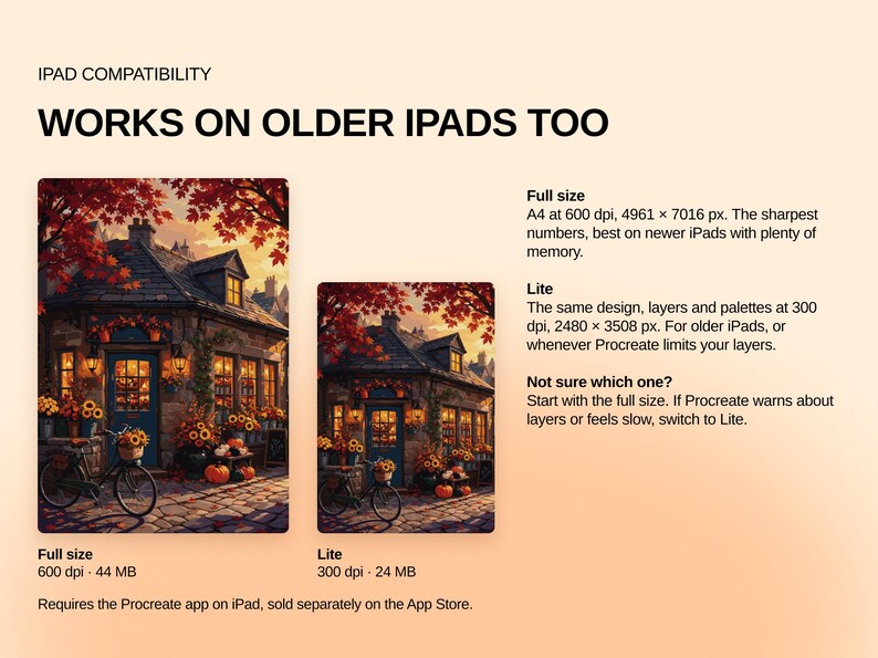 May include: An informational graphic titled IPAD COMPATIBILITY WORKS ON OLDER IPADS TOO. It displays two versions of an autumn cottage illustration, labeled Full size and Lite, with technical specifications including 600 dpi and 300 dpi details.
