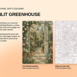 May include: A paint-by-numbers kit titled Sunlit Greenhouse featuring sixty colors and 3,330 numbered zones. The set includes a finished painting of a greenhouse with climbing flowers, a straw hat on a chair, and a ginger cat on stone flooring.