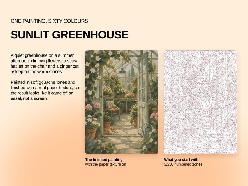 May include: A paint-by-numbers kit titled Sunlit Greenhouse featuring sixty colors and 3,330 numbered zones. The set includes a finished painting of a greenhouse with climbing flowers, a straw hat on a chair, and a ginger cat on stone flooring.