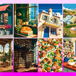 May include: A collection of eight illustrated scenes featuring a flower shop, a cat on books, a house with laundry, a garden, a porch swing, a library with a spiral staircase, a village view, and a kitchen with a window and fresh bread.