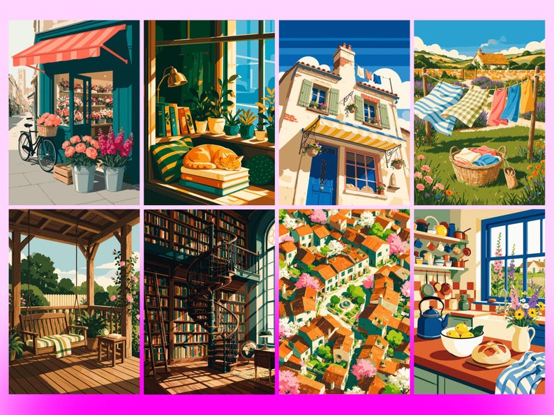 May include: A collection of eight illustrated scenes featuring a flower shop, a cat on books, a house with laundry, a garden, a porch swing, a library with a spiral staircase, a village view, and a kitchen with a window and fresh bread.