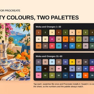 May include: A digital color palette set for Procreate titled Sixty Colours, Two Palettes. It features an illustration of a Mediterranean breakfast scene with a moka pot, coffee, and oranges, alongside two dark rectangular grids containing sixty numbered color swatches.