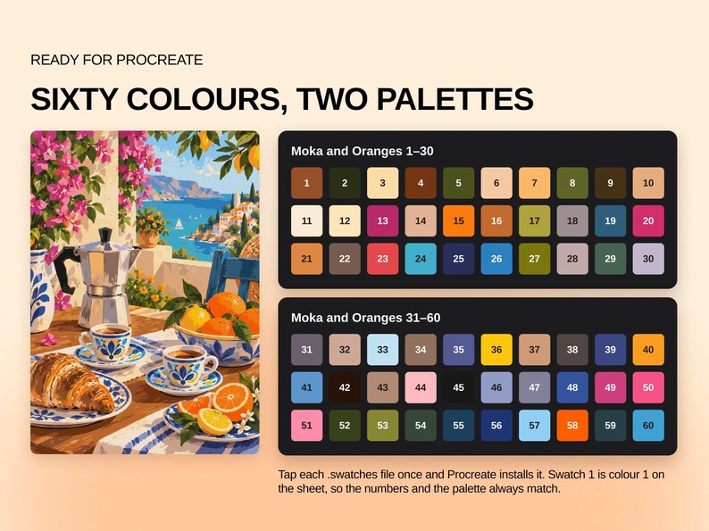 May include: A digital color palette set for Procreate titled Sixty Colours, Two Palettes. It features an illustration of a Mediterranean breakfast scene with a moka pot, coffee, and oranges, alongside two dark rectangular grids containing sixty numbered color swatches.