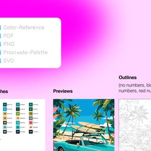 May include: A digital file set featuring a file list with Color-Reference, PDF, PNG, Procreate-Palette, and SVG folders. Includes a color swatch chart with 28 numbered hex codes, a preview of a teal convertible with surfboards, and a line art outline.