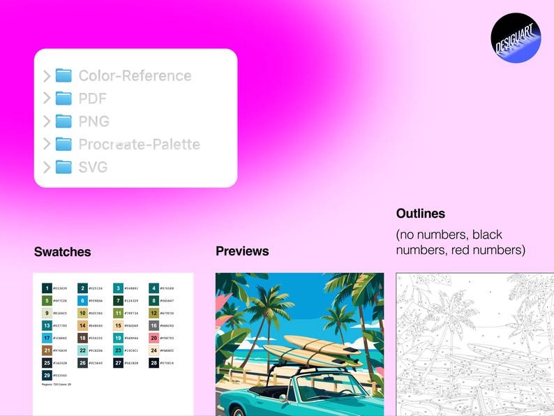 May include: A digital file set featuring a file list with Color-Reference, PDF, PNG, Procreate-Palette, and SVG folders. Includes a color swatch chart with 28 numbered hex codes, a preview of a teal convertible with surfboards, and a line art outline.