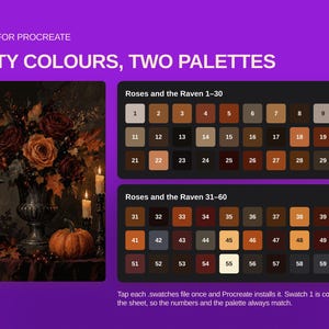May include: A digital color palette for Procreate titled Sixty Colours, Two Palettes. It features an illustration of roses, a raven, and a pumpkin, alongside two grids of numbered swatches labeled Roses and the Raven 1-30 and 31-60.