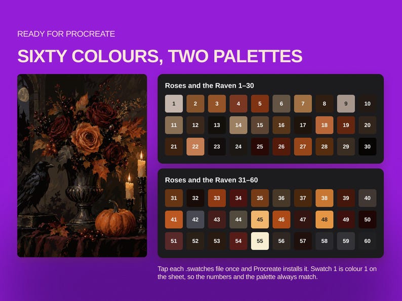 May include: A digital color palette for Procreate titled Sixty Colours, Two Palettes. It features an illustration of roses, a raven, and a pumpkin, alongside two grids of numbered swatches labeled Roses and the Raven 1-30 and 31-60.