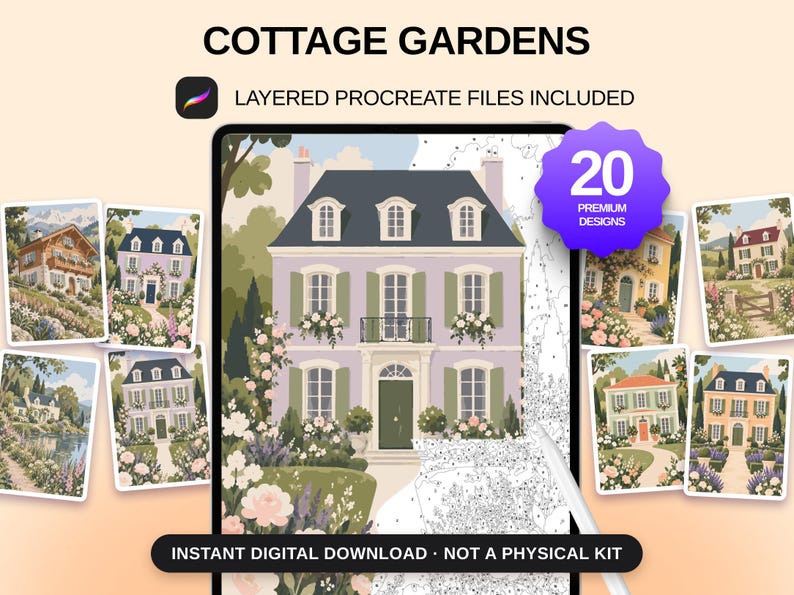 20 Malen-nach-Zahlen-Vorlagen zum Thema Cottage-Garten, detaillierte Procreate-Malvorlagen (Digitaler Download) Bild 1