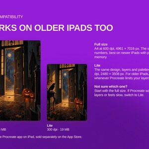 Op de afbeelding: Een paarse digitale afbeelding met informatie over iPad-compatibiliteit voor een Halloween-kunstwerk. Het toont twee voorbeelden van een donkere deuropening met een raaf en pompoenen, naast tekst met specificaties voor Full size en Lite.
