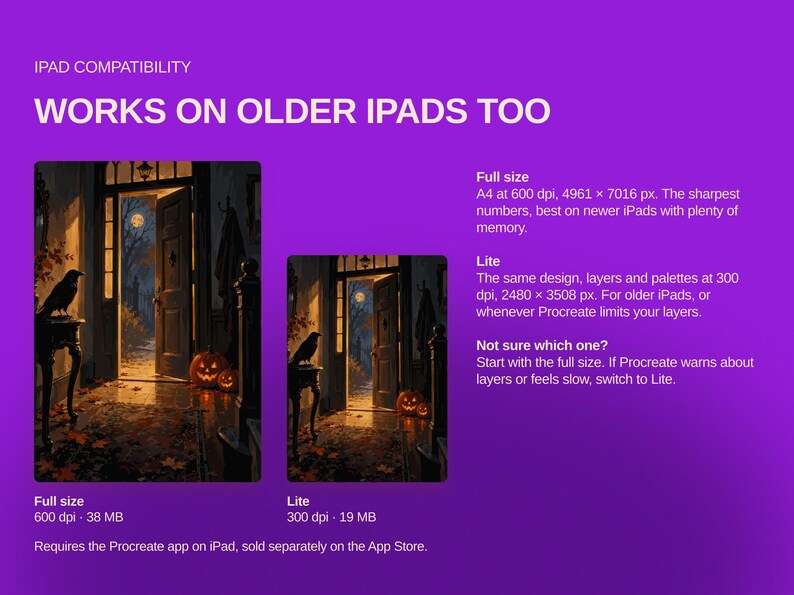 Op de afbeelding: Een paarse digitale afbeelding met informatie over iPad-compatibiliteit voor een Halloween-kunstwerk. Het toont twee voorbeelden van een donkere deuropening met een raaf en pompoenen, naast tekst met specificaties voor Full size en Lite.