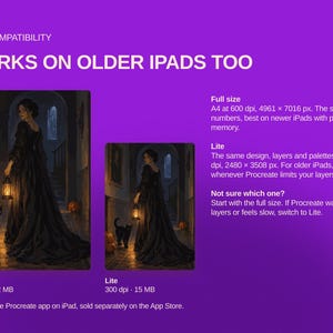May include: A digital graphic on a purple background showing two versions of an illustration featuring a person in a black gown holding a lantern with a black cat and pumpkins. Text includes IPAD COMPATIBILITY, WORKS ON OLDER IPADS TOO, Full size, and Lite.