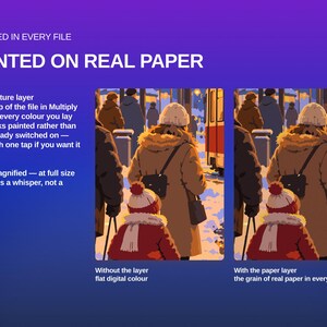May include: A digital file graphic featuring the text INCLUDED IN EVERY FILE PAINTED ON REAL PAPER. It displays two side-by-side illustrations of people in winter clothing, one labeled Without the layer flat digital colour and one With the paper layer.