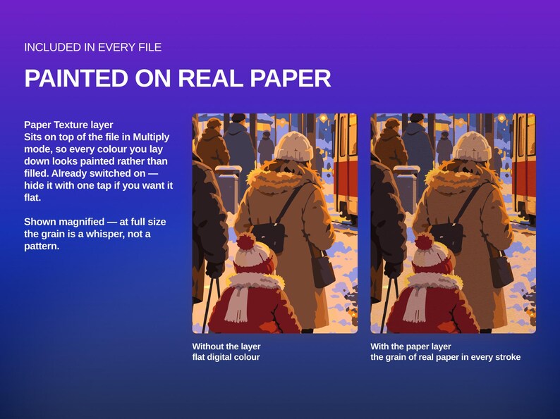 May include: A digital file graphic featuring the text INCLUDED IN EVERY FILE PAINTED ON REAL PAPER. It displays two side-by-side illustrations of people in winter clothing, one labeled Without the layer flat digital colour and one With the paper layer.