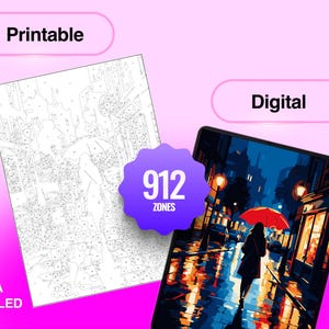 May include: A paint-by-number set featuring a printable black and white line art template and a finished digital color version of a person walking with a red umbrella on a rainy city street at night, labeled with 912 zones and extra detailed.