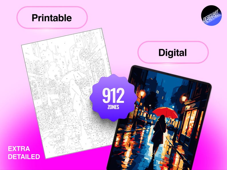 May include: A paint-by-number set featuring a printable black and white line art template and a finished digital color version of a person walking with a red umbrella on a rainy city street at night, labeled with 912 zones and extra detailed.