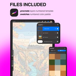Pode incluir: Um modelo digital de pintura por n&uacute;meros para Procreate com uma paisagem de um comboio sobre uma ponte de pedra. Inclui um painel de camadas com uma camada Draw here, uma camada scheme, uma camada preview e uma paleta de 12 cores.