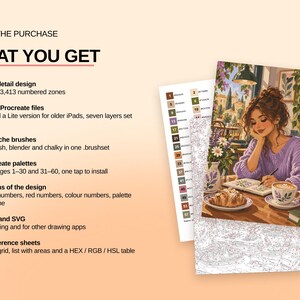 May include: A digital art kit featuring a color-by-number illustration of a person in a purple sweater at a cafe with a croissant and coffee. Text includes INSIDE THE PURCHASE, WHAT YOU GET, and lists 60 colors, 3,413 zones, Procreate files, brushes, and palettes.