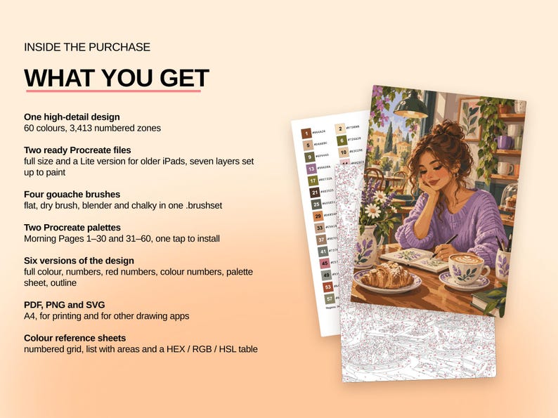 May include: A digital art kit featuring a color-by-number illustration of a person in a purple sweater at a cafe with a croissant and coffee. Text includes INSIDE THE PURCHASE, WHAT YOU GET, and lists 60 colors, 3,413 zones, Procreate files, brushes, and palettes.