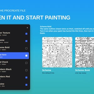 May include: A digital interface for Procreate showing a layers panel with options for Paper Texture, Scheme, Scheme Bold, Draw here, Final Check, Numbers Black, Numbers Red, and Preview, alongside two numbered paint-by-number line art examples.