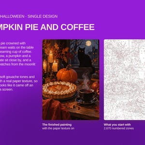 May include: A paint-by-number kit titled PUMPKIN PIE AND COFFEE featuring a finished painting of a pumpkin pie, a steaming cup of coffee, candles, and a black cat by a window, alongside a corresponding line-art template with 2,670 numbered zones.